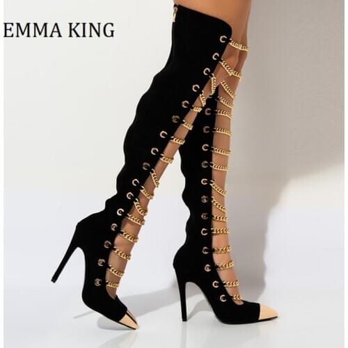 Women Golden Chain Gladiator Boots Sandals Women Faux Suede Metal Hollow out High-heeled Boots Ladies Sexy Over Knee High Boots
