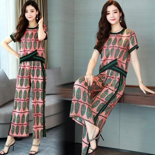 New Womens short sleeve Pant Suits printed Tops+Wide Leg Pants Two-piece Woman set clothing Womens Two Piece Pants Top Sets