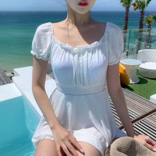Women One Piece Swimsuit 2021 Women Solid Short Sleeve Swimwear Korean Style Open Back Pleated Skirt High Waist Bathing Suit