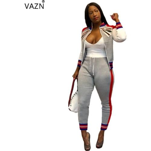 VAZN Autumn Top Quality New Casual Design Women 2 Piece Set Letter Full Sleeve Full Length Women Bodycon Tracksuit Set JH062