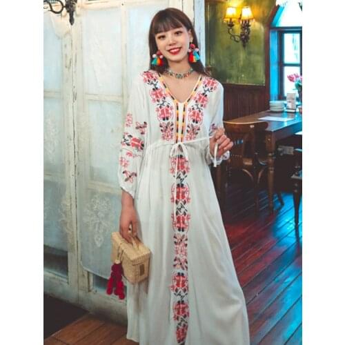 2021 Summer New Womens Retro Ethnic Embroidered Cotton Long Dress Bohemia Travel Nepal Holiday Style Drawstring Dress