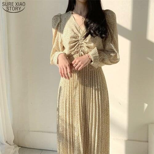 2021 New Spring V-Neck Casual Loose Puff Long Dresses Vintage Dress Women Floral Print Pleated Slim Dresses Elegant Vestidos