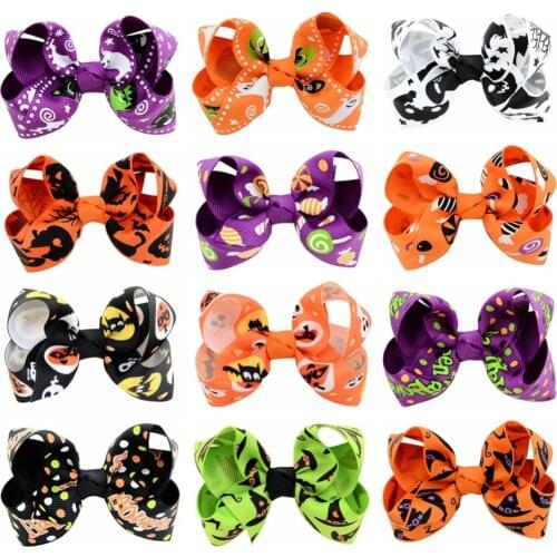 12pcs 12 Colors Pumpkin Halloween Kids Grosgrain Ribbon Bows Barrettes Girl Hairclip Boutique Hairpins Kids Hair Accessories 751