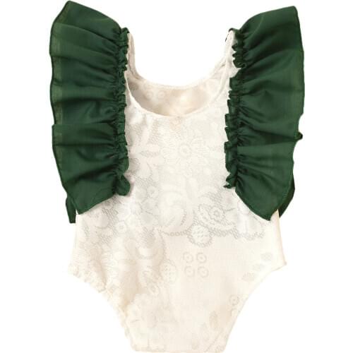 2021 3-24M Newborn Baby Girl Sweet Romper Infant Fly Sleeve Ruffled Hem Patch Jumpsuit Lace Bow One Piece Garment for Baby