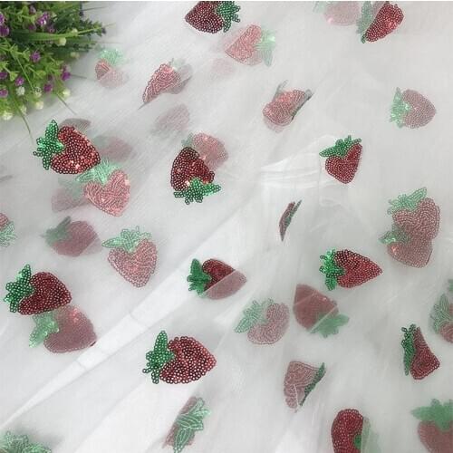 White, Pink, Black Sweet Strawberry Lace Fabric, Sequined Strawberry Tulle Fabric For Party Dress, Girl Dress，by The Yard