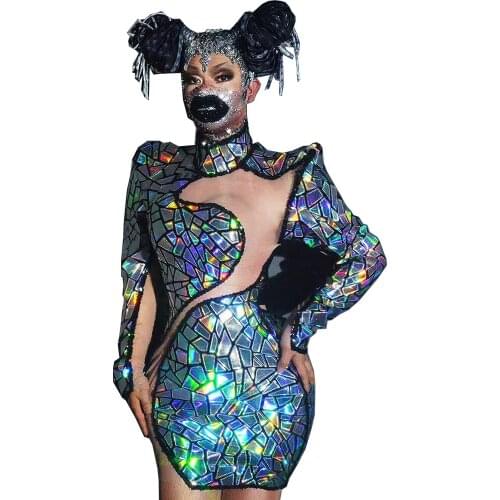 Shining Sequins Half High Collar Elastic Bodycon Dresses Asymmetrical Perspective Gauze Singer Costumes Women Party Dress