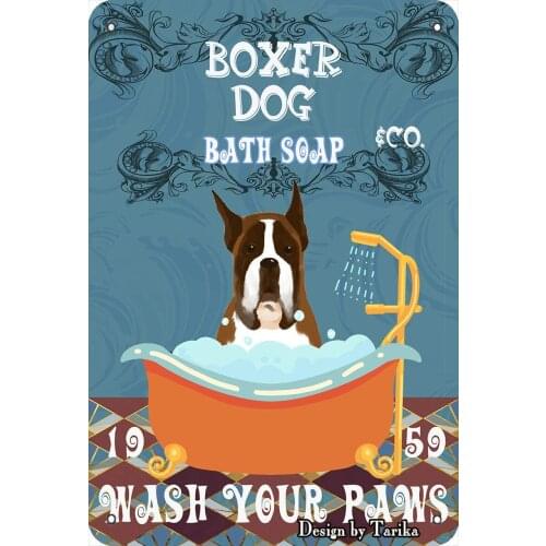 Boxer Dog &Co. Bath Soap Wash Your Paws Vintage Plaque Poster Tin Sign Wall Decor Hanging Metal Decoration 12 X 8