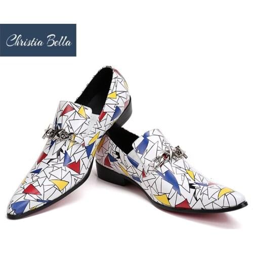 Christia Bella Mens Colorful Triangle Print Loafers Fashion Star Chain Buckle Slip on Dress Shoes Men Wedding and Party Flats