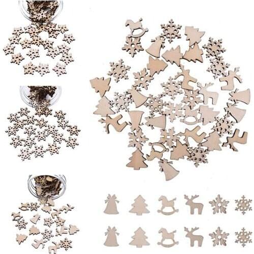 100pcs Mini Wooden Snowflake Elk Horse Bell Mixed Shape Wood Confetti Christmas Tree Decor DIY Crafts New Year Hanging Ornament