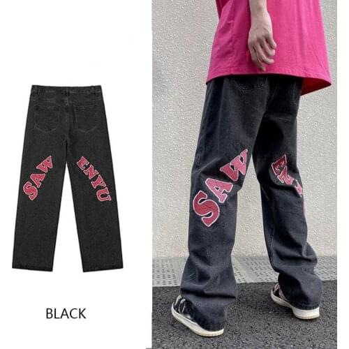 High street letter printed jeans men winter hip-hop fashion straight loose trousers for men and women harajuku fashion