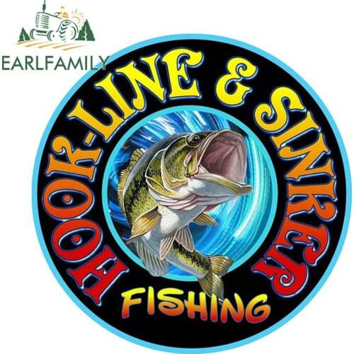 EARLFAMILY 13cm x 13cm Car Sticker Fishing Large Mouth Bass Fish By Hook-line & Sinker Boat Kayak Automobiles Accessories Decal