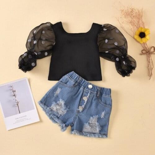 Fashion Children Girls Clothing Dot Mesh sleeves Knited Top Ripped Denim Shorts Kids Suit 2Pcs Outfits Summer Fall Clothes Set