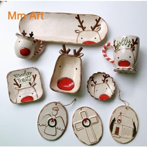 Cute Pure Hand Drawing Elk Ceramic Plate High Texture Sesame Glaze Small Plate Plate