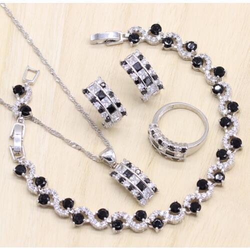 Silver Color Women Jewelry Sets Black Cubic Zircon Bracelet Geometric Shaped Earrings/Pendant/Necklace/Ring Free Gift