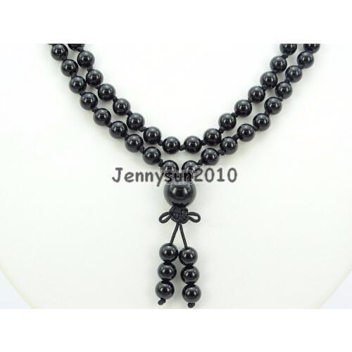 Natural Black Onyx 6mm Gems Stone Buddhist 108 Beads Prayer Mala Knot Necklace Multi-Purpose 5Strands/Pack