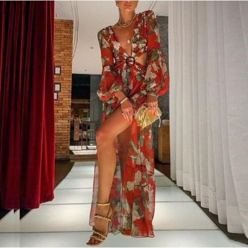 Autumn Winter Elegant Ladies Long Dress Fashion Printing Long Sleeve sexy Dresses For Women Deep V-neck Party slim fit Clothes