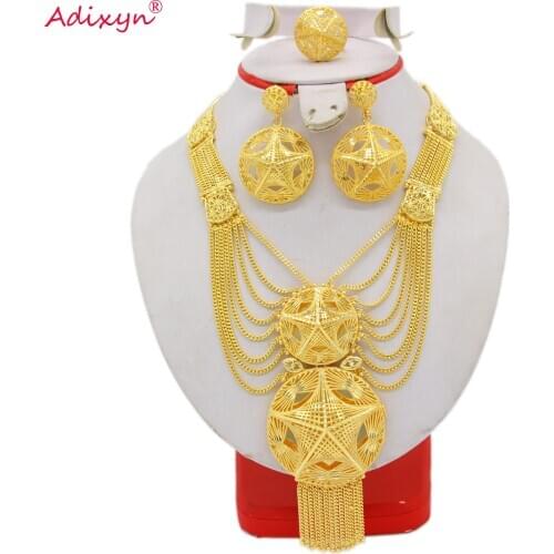 Adixyn Dubai Collares Necklace/Earrings/Ring Jewelry Set for Women 24K Gold Color African Arab Bridal Wedding Gifts N122718
