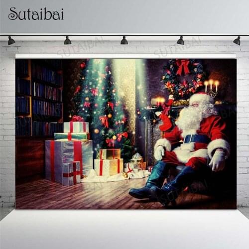 Christmas Backdrop Photography Study Santa Claus Gifts Christmas Tree Red Socks Candle Photo Background Photocall Decor Props