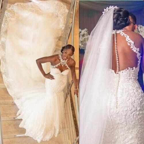 Halter Neck Mermaid Wedding Dress 2021 Royal Train Lace Appliques African Bride Dresses Custom Made Robe De Marriage