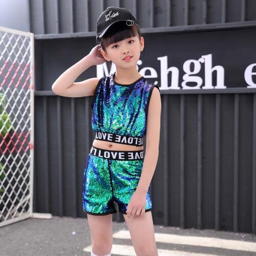2PCS/SET Children Hip Hop Dance Costumes Kids Sequin Street Dance Clothing Girls Dancewear Stage Outfit Jazz Disco Costumes