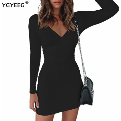 YGYEEG Long Sleeve Bodycon Women Dresses Ruched Sexy Autumn Black Backless Club Mini Basic Party V Low Neck Solid 2021 Clothes