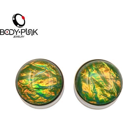 BODY PUNK Green Foil Ear Plugs Ear Piercing Tunnels Stainless Steel Ear Body Piercing Jewelry Gauges 6mm-25mm PLG 052