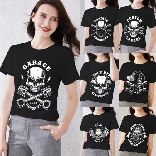Summer Black Womens T-shirts All-match Fashion Street Style Skull Pattern Series Short Sleeve Dropshipping Tops Female Clothes