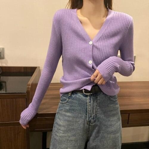 Womens Knitted Cardigan V-neck Button Thin Pure Color Short Long Sleeve Slim Sunscreen Top Wholesale 2021 New Female Clothing