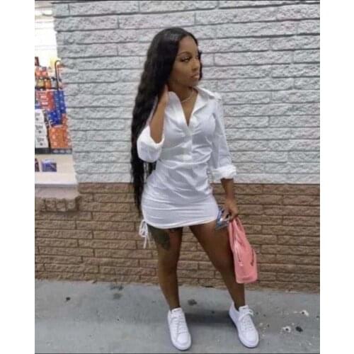 Women Shirt Dress Full Sleeve Solid Color Drawstring Mini Dress Streetwear Summer Clothes For Women Outfit
