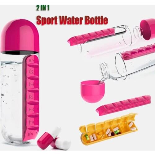600ML Sport Water Bottle with Pill Box Day Marker Reminder 2 IN 1 Pill Case Drink Bottle for Travel Inserted Holder Drinkware