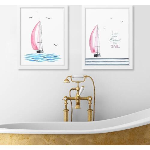 Watercolor Pink Sailboat With Seagulls Wall Art Print Poster , Dream Set Sail Quote Print Canvas Painting Girls Room Decoration