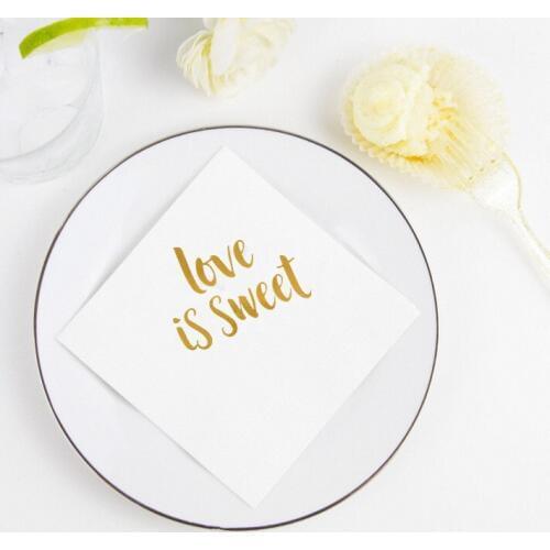 White and Gold 'Love is Sweet' Beverage and Cocktail Napkins, 50pc, 12'' W x 12'' L Wedding / Engagement / Anniversary Decor