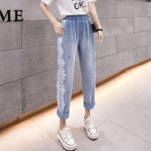 2021 Spring Designer Women Fashion High Waist Plus Size Straight Harem Jeans Casual Loose Patchwork Lace Denim Pants Feminina