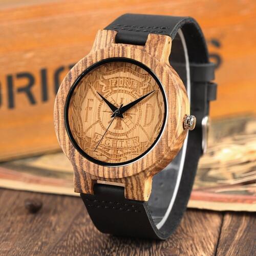 Handicrafts Engraving Fire Fighter Dial Wood Watch Mens Sports Black Genuine Leather Band Hour Clock Gifts for Firefighter Man