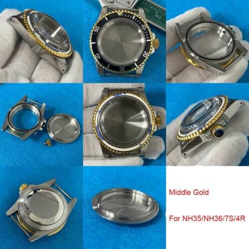 316L Stainless Steel Watch Case 39.5mm Middle Gold Retro Case Suitable for NH35/NH36 Movement