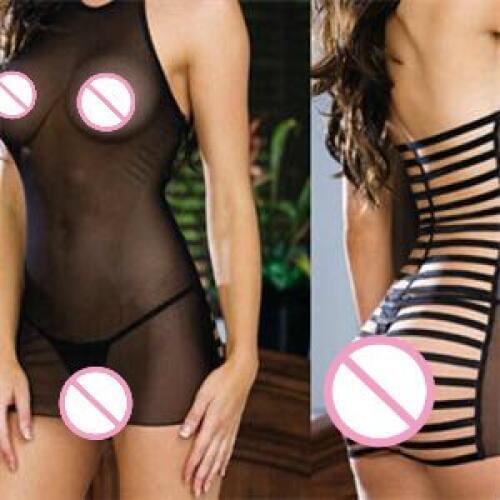 Black women transparent Babydoll underwear backless Lace mesh lingerie sleepwear costumes Length:62cm