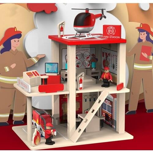 Wooden Pretend Play Dollhouse Police Station House Police Figures Model Fire Department Fireman Blocks DIY Toys for Children