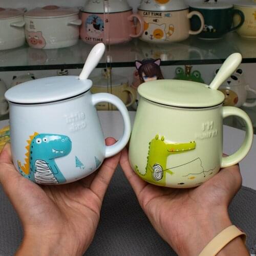 Ceramic Dinosaur Cup Cute Cartoon Potbellied Ceramic Cup with Lid and Spoon Home Embossed Printed Breakfast Milk Coffee Bottle