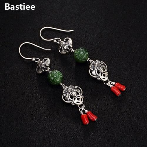 Bastiee Chinese Vintage Jasper Drop Earrings For Women Silver 925 Jewelry Red Agate Bat Dangle Earings