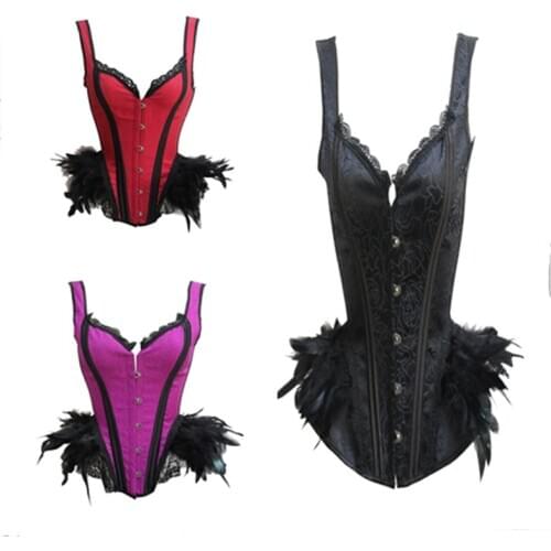 New Victorian Gothic Retro Overbust Corset Top Vest Sexy Feather Clothing Body Shaper Bustier Black Red Korsett For Women