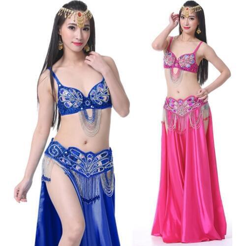 Belly Dance Costume 34c/75c 3pcs Bra&Belt&Skirt Sexy Dancing women dance clothes Set bellydance wear 6 color for selection 863