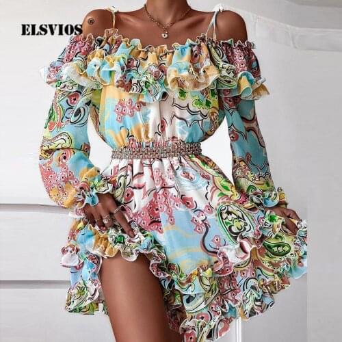 Summer Ruffle Chiffon Dress Off Shoulder Sling Long Sleeve Elastic Waist Mini Dress Fall 2021 Women Fashion Floral Print Dresses