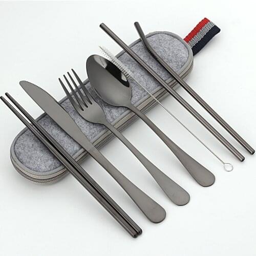 Reusable Utensils Tableware Portable Travel Stainless Steel Cutlery Set With Knife Fork Spoon Straw Chopsticks Brush Faltware