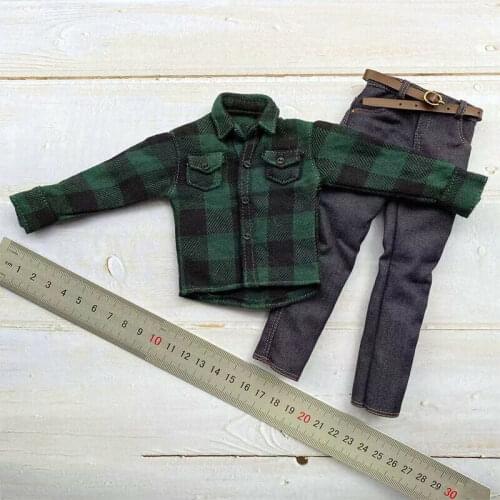 1/6 Scale Fashion Casual Green Plaid Shirt+Jeans Belt Suit Model
