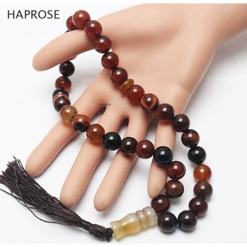 New Natural Stone Round Shape Jewelry 12mm Big Agate 33 Prayer beads Islamic Muslim Tasbih Allah Rosary Bracelet with Tassel