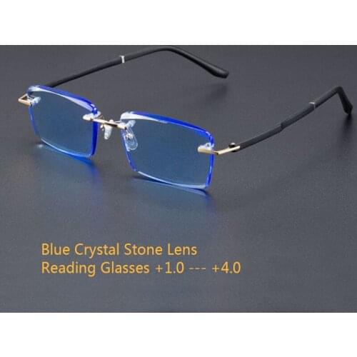 Blue Crystal Stone Reading Glasses Man Natural Rimless Glass Presbyopic Eyeglasses Women TR90 High Quality Anti Eye Dry +1.5 2.0