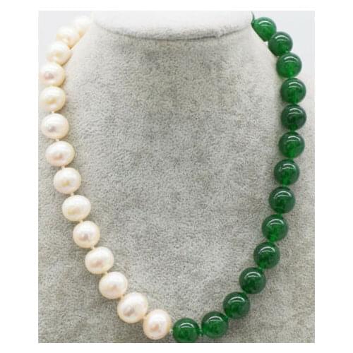 Green jade round and white near 9-10mm freshwater pearl necklace 18inch