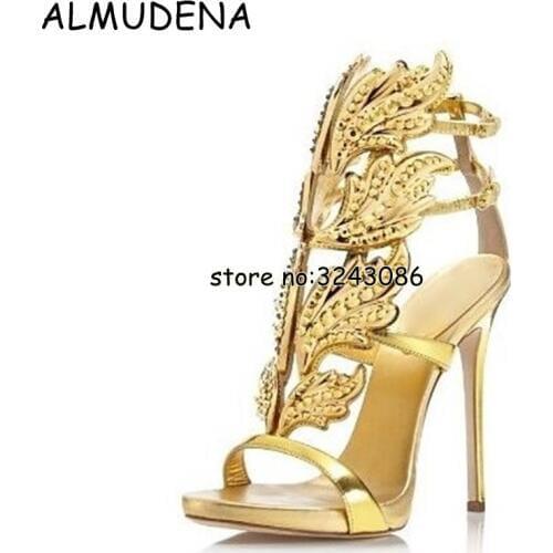 Sexy Bling Crystal Drilled Angle Wings High Heel Sandals Shiny Leather Bridal Gold Plated Winged Gladiator Wedding Sandal Shoes