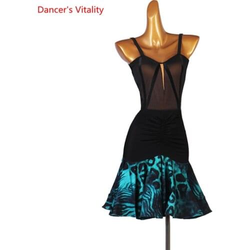 Latin Dance Dress Sling Mesh Skirt Profession Clothes Performance Custom Rumba Dancing Female Adult Child Competition Clothing