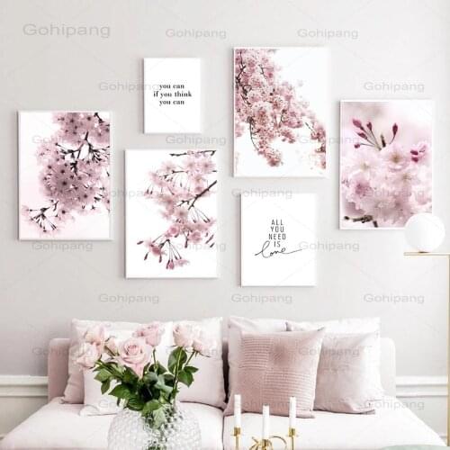 Pink Flower Quotes Canvas Posters and Prints Cherry Blossoms Wall Art Canvas Painting Wall Pictures for Living Room Home Decor